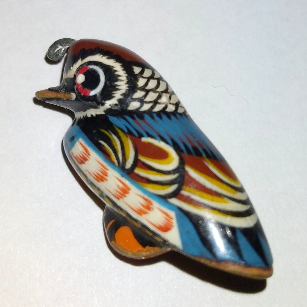 Vintage Takahashi‑Style Hand‑Carved Painted Wood Quail Brooch Folk Art Mini Bird
